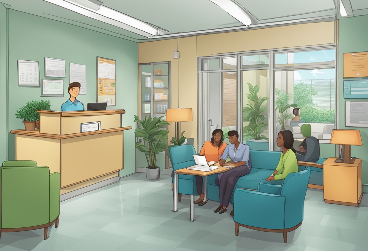 A busy counseling center with a waiting area, reception desk, and signage. Clients come and go, seeking help and support