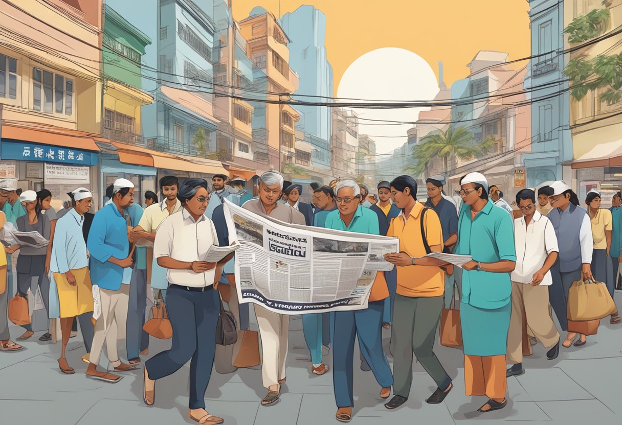 A bustling city street with diverse people reading Tamil Murasu newspaper, symbolizing the bridging of communities in Singapore