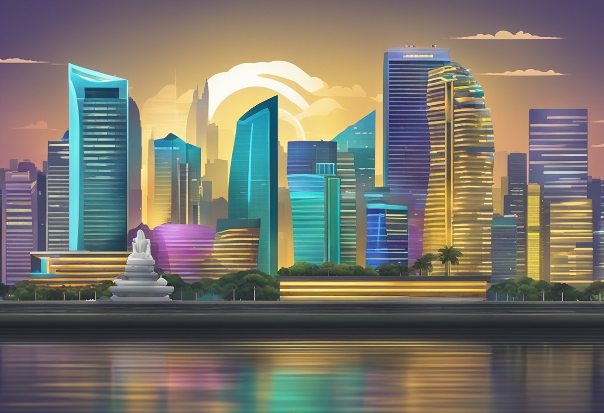 A computer screen displaying the evolution of the Tamil Murasu logo, with digital elements morphing and transforming against a backdrop of the Singapore skyline