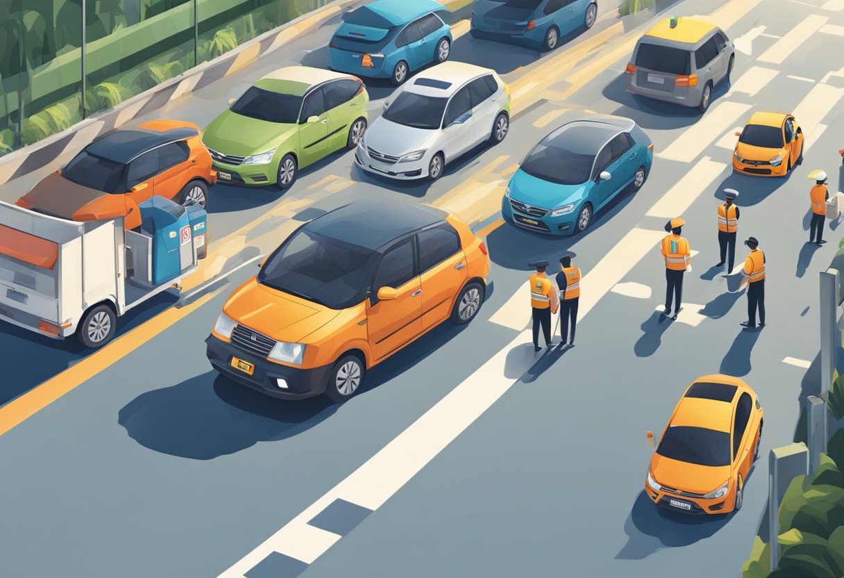Cars lined up at a Singapore road tax checkpoint, with officials inspecting and collecting fees from drivers