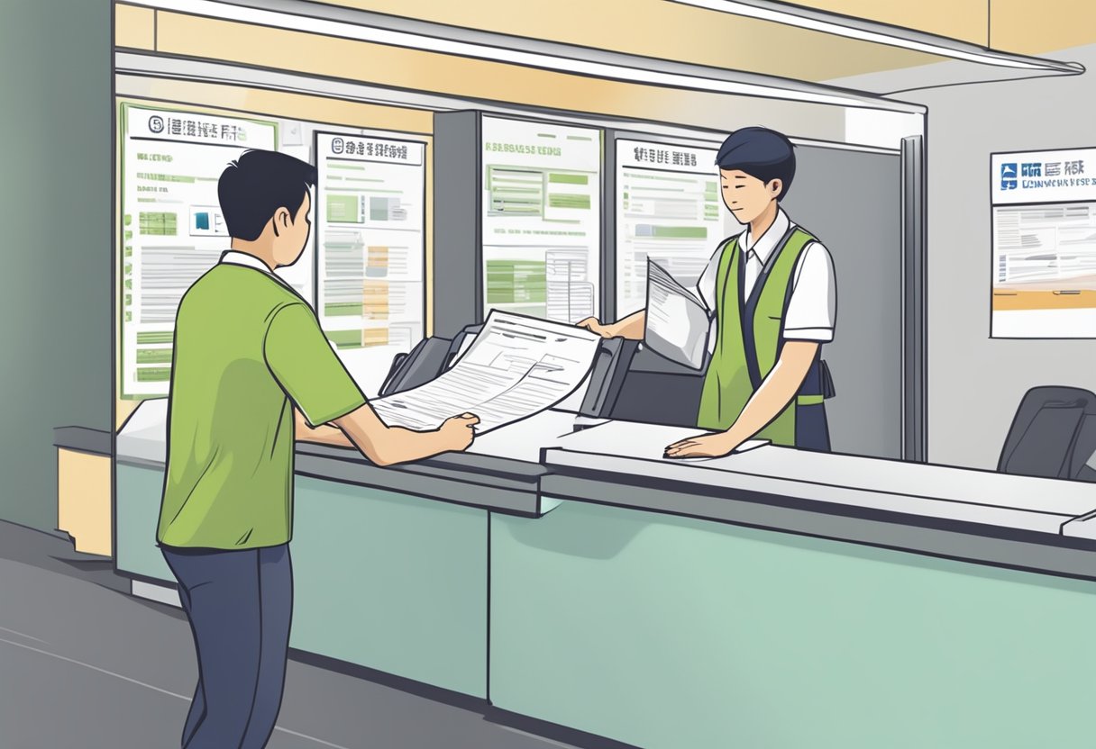A person submitting documents at a counter with a sign "Road Tax Renewal Process" in Singapore. The staff member is processing the renewal