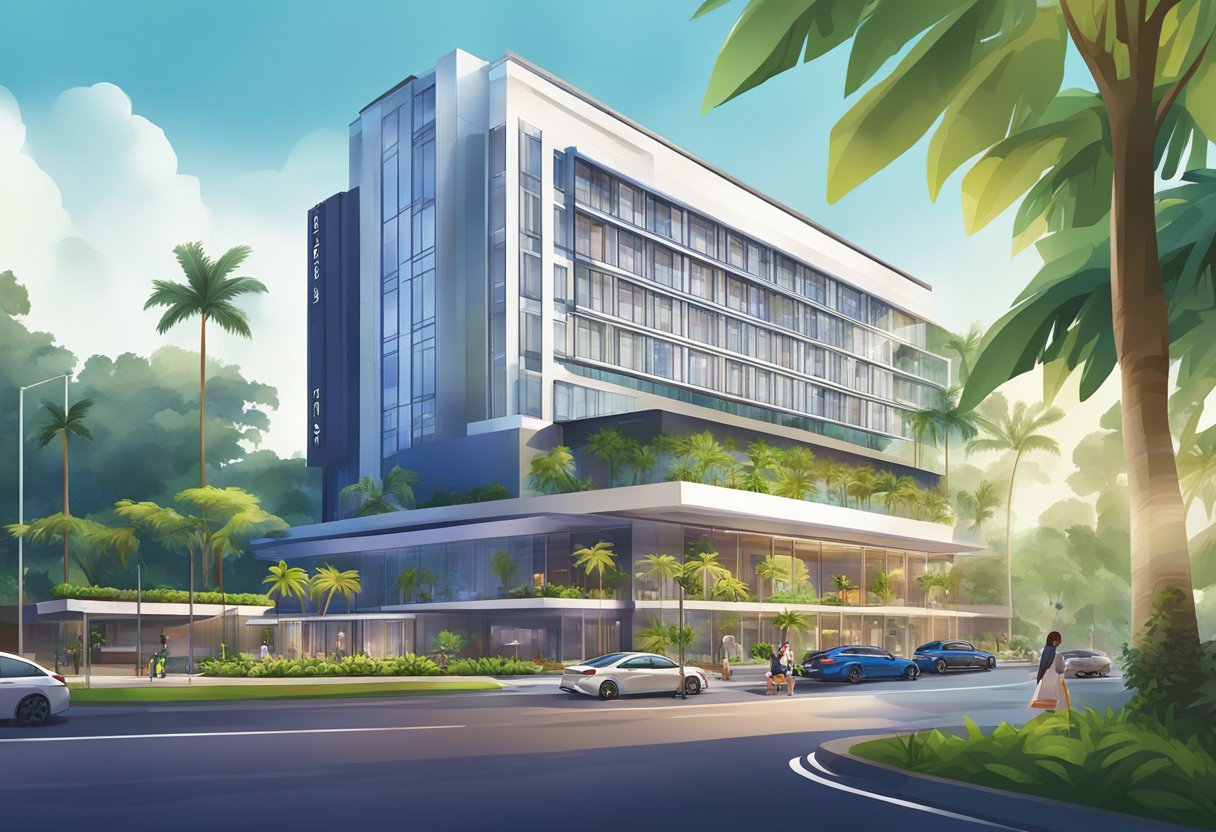 The Local Attractions hotel in Paya Lebar, Singapore, features a modern facade with sleek lines and a vibrant color scheme, surrounded by lush greenery and palm trees