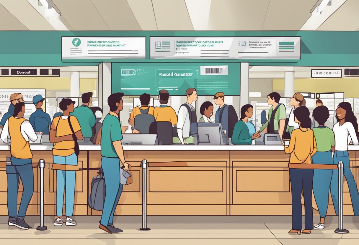 A crowded ticket counter with a long line of people, a sign with "Frequently Asked Questions" displayed prominently, and staff assisting customers