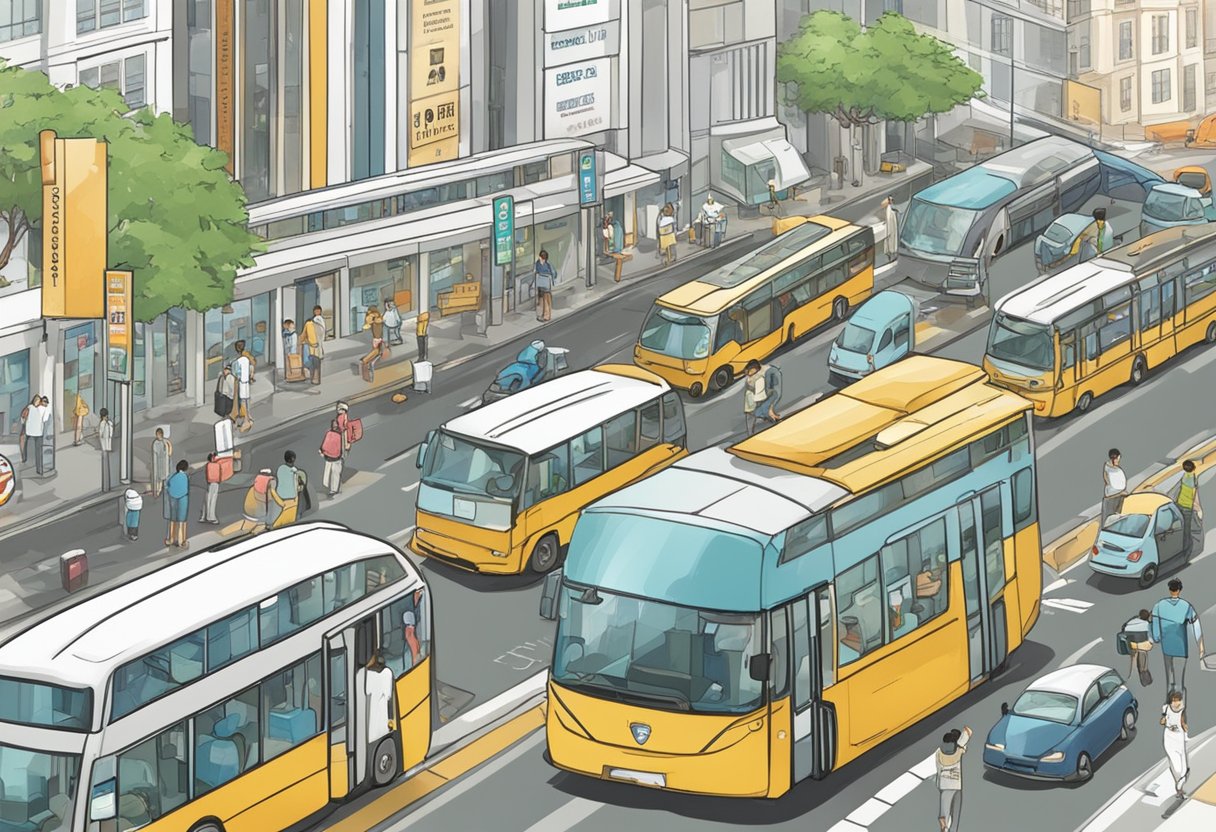 A busy street in Singapore with cars and buses driving past a sign that reads "Frequently Asked Questions road tax singapore."