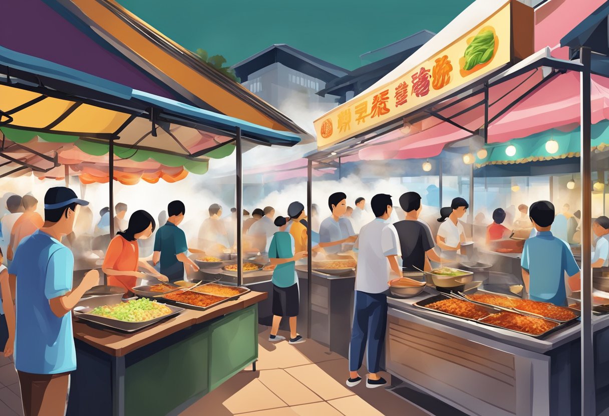 A bustling hawker center with steaming woks, sizzling grills, and colorful stalls offering a diverse array of Singaporean street food