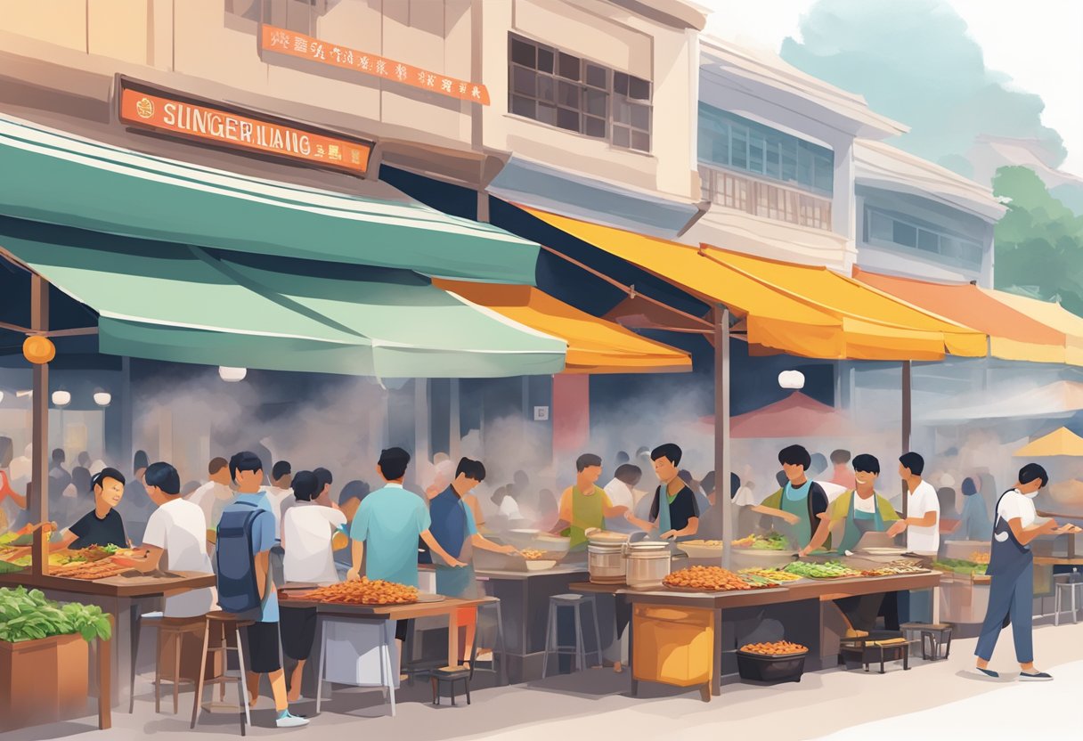 A bustling hawker center filled with aromatic smoke, sizzling woks, and colorful stalls offering a variety of Singaporean street food