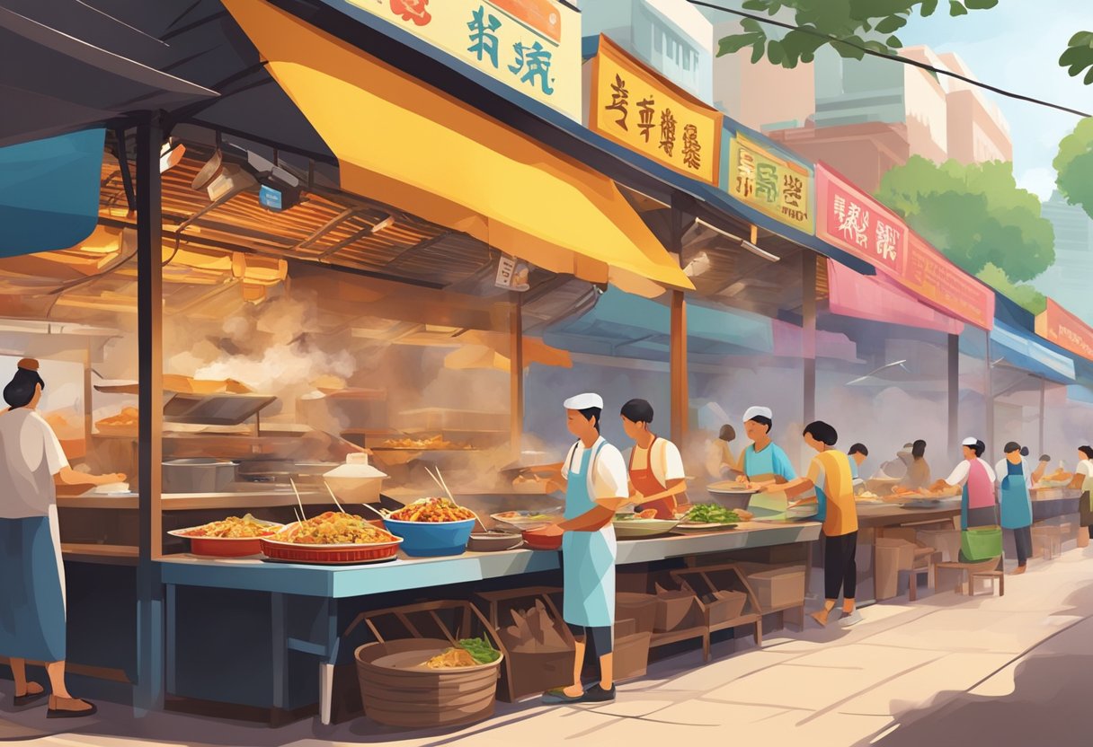 A bustling hawker center with steaming woks, colorful stalls, and a diverse array of dishes. The aroma of sizzling satay and spicy laksa fills the air