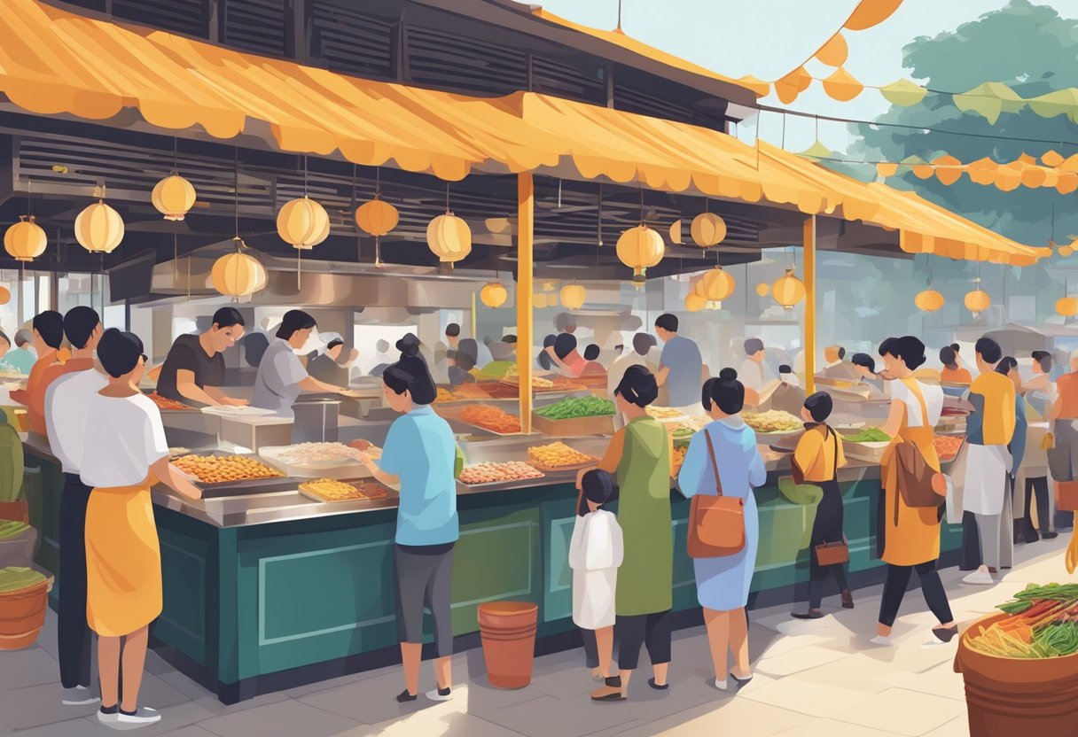A bustling hawker center with a variety of aromatic dishes, people queuing, and vibrant signage