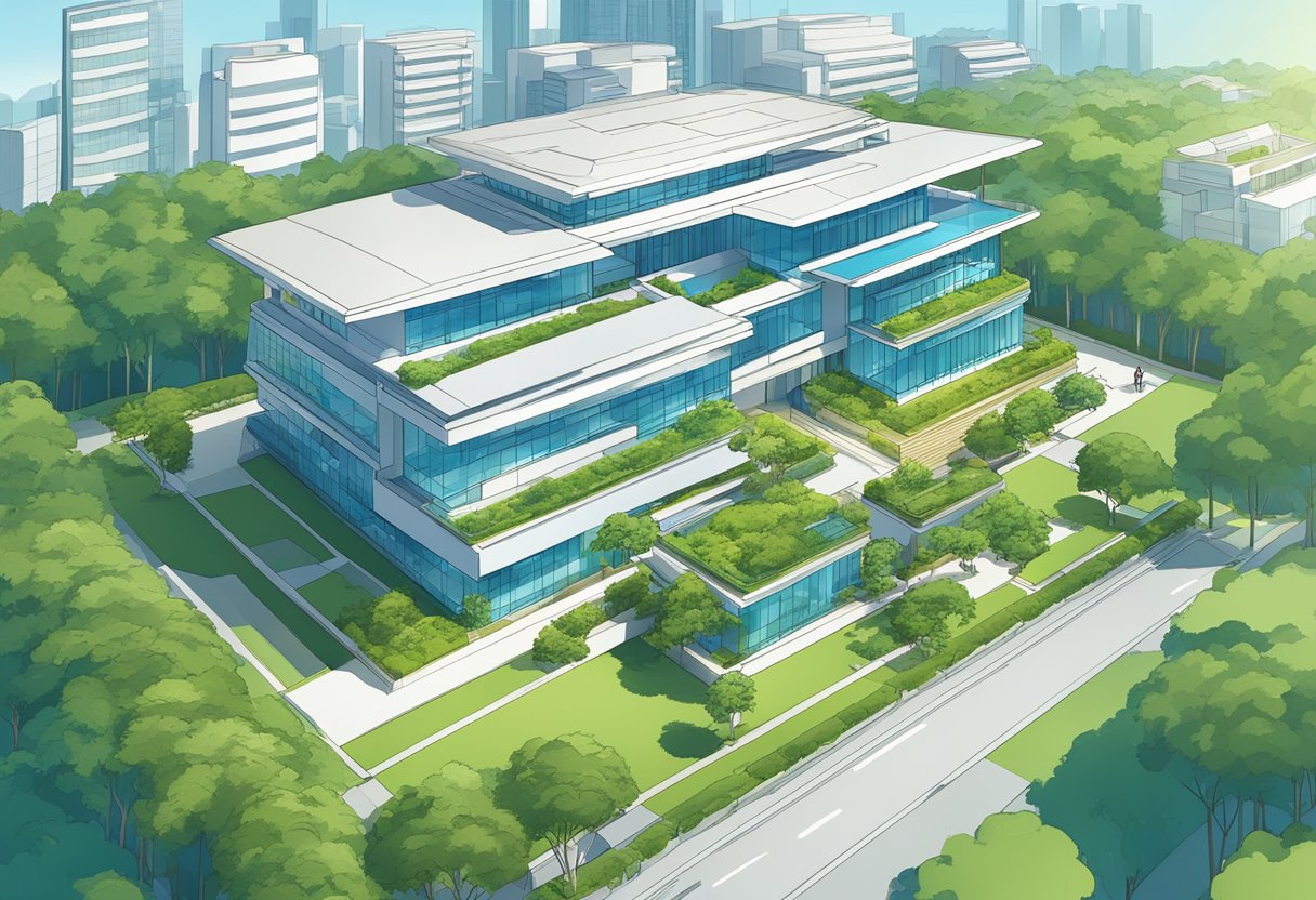 A modern building with sleek architecture, surrounded by lush greenery and a clear blue sky, representing the Singapore Institute of Directors