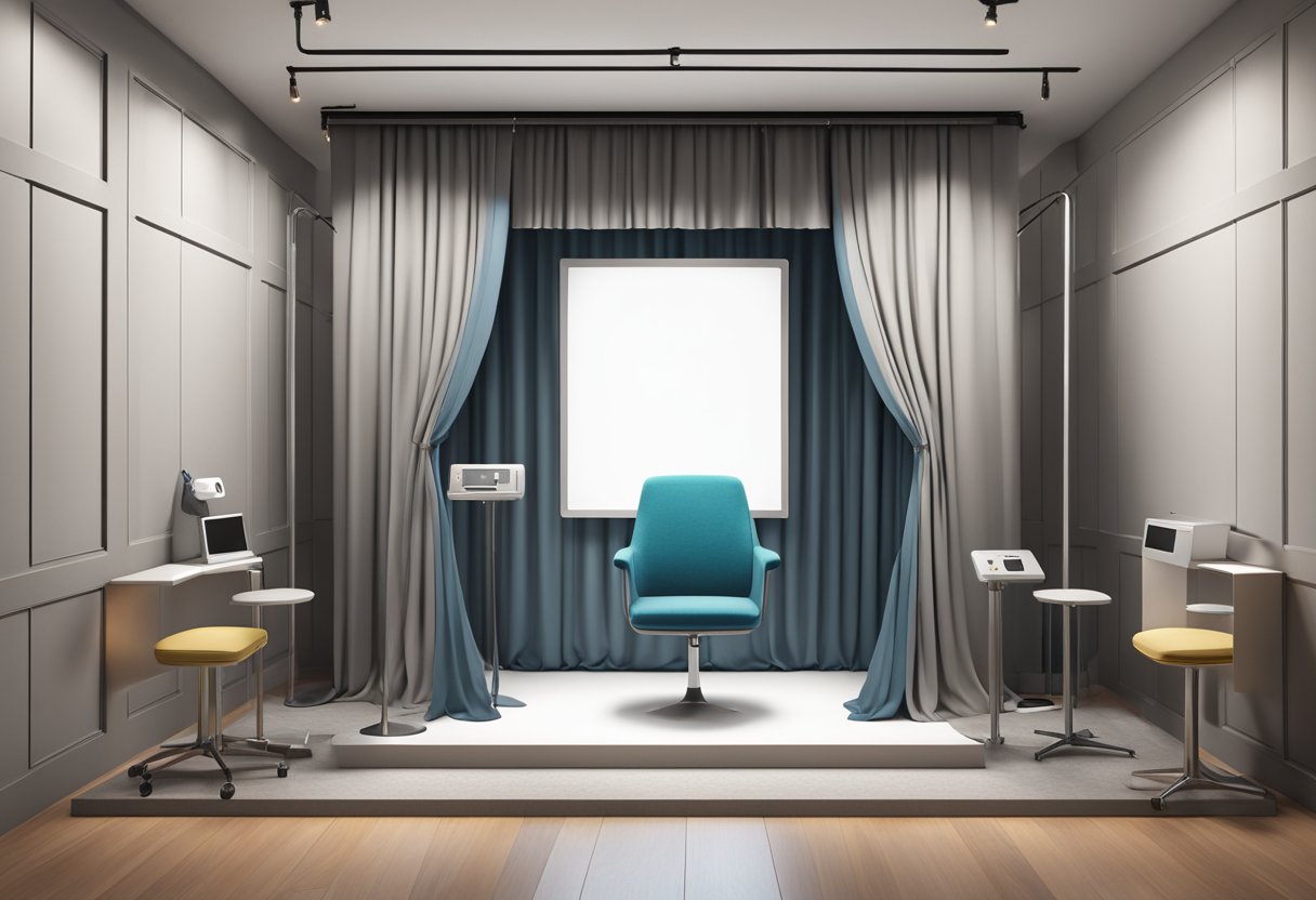 A modern ID photo booth in Singapore with a camera, screen, and adjustable seat, surrounded by clean, well-lit walls and a privacy curtain