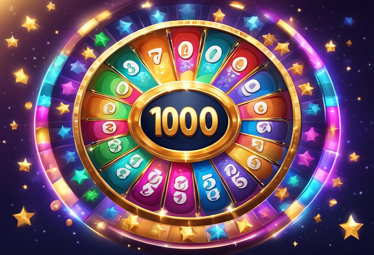A colorful wheel with "100 Free Spins" displayed, surrounded by sparkling stars and vibrant casino symbols