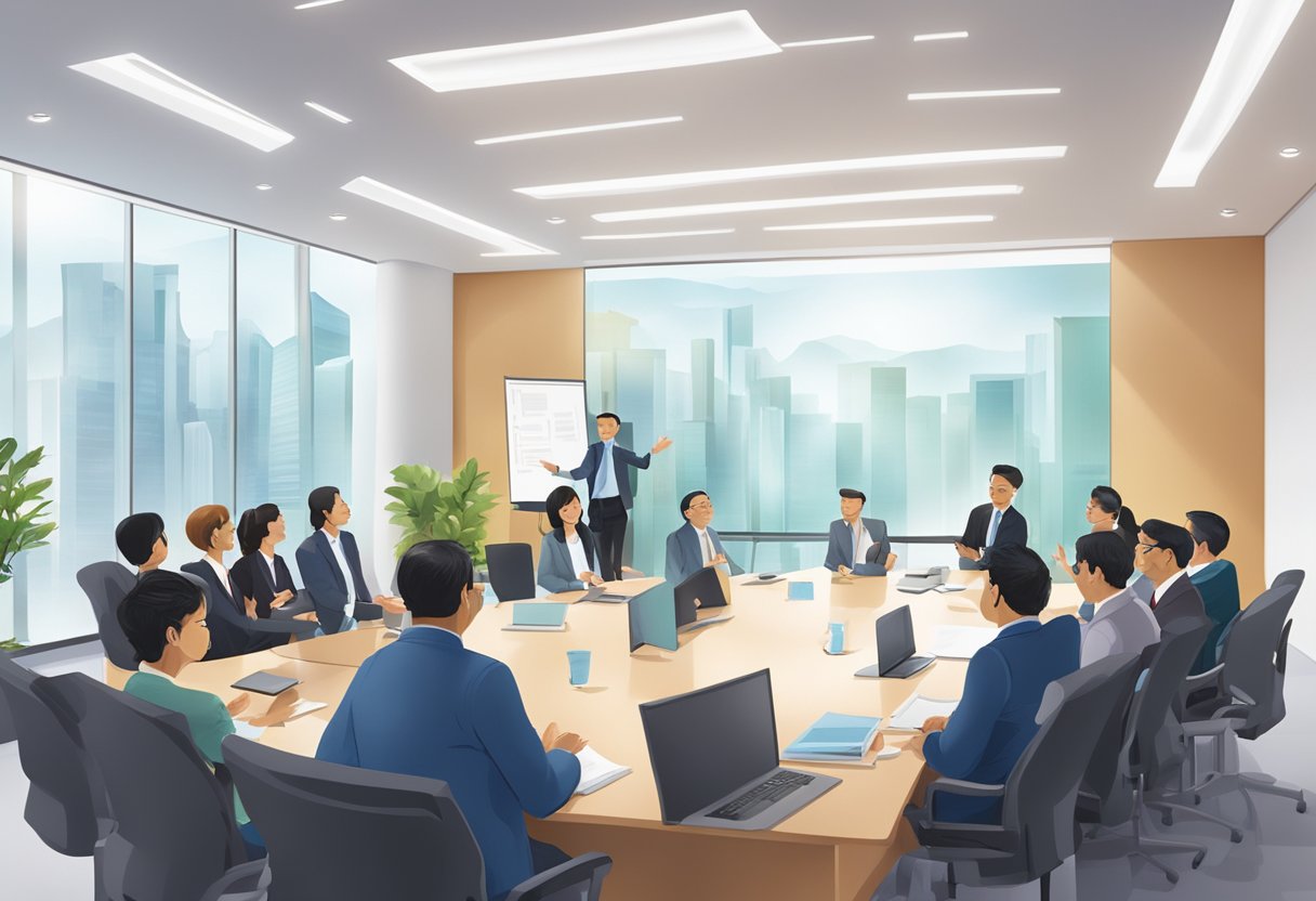 A group of professionals gathered in a modern conference room at the Singapore Institute of Directors, engaged in a lively discussion
