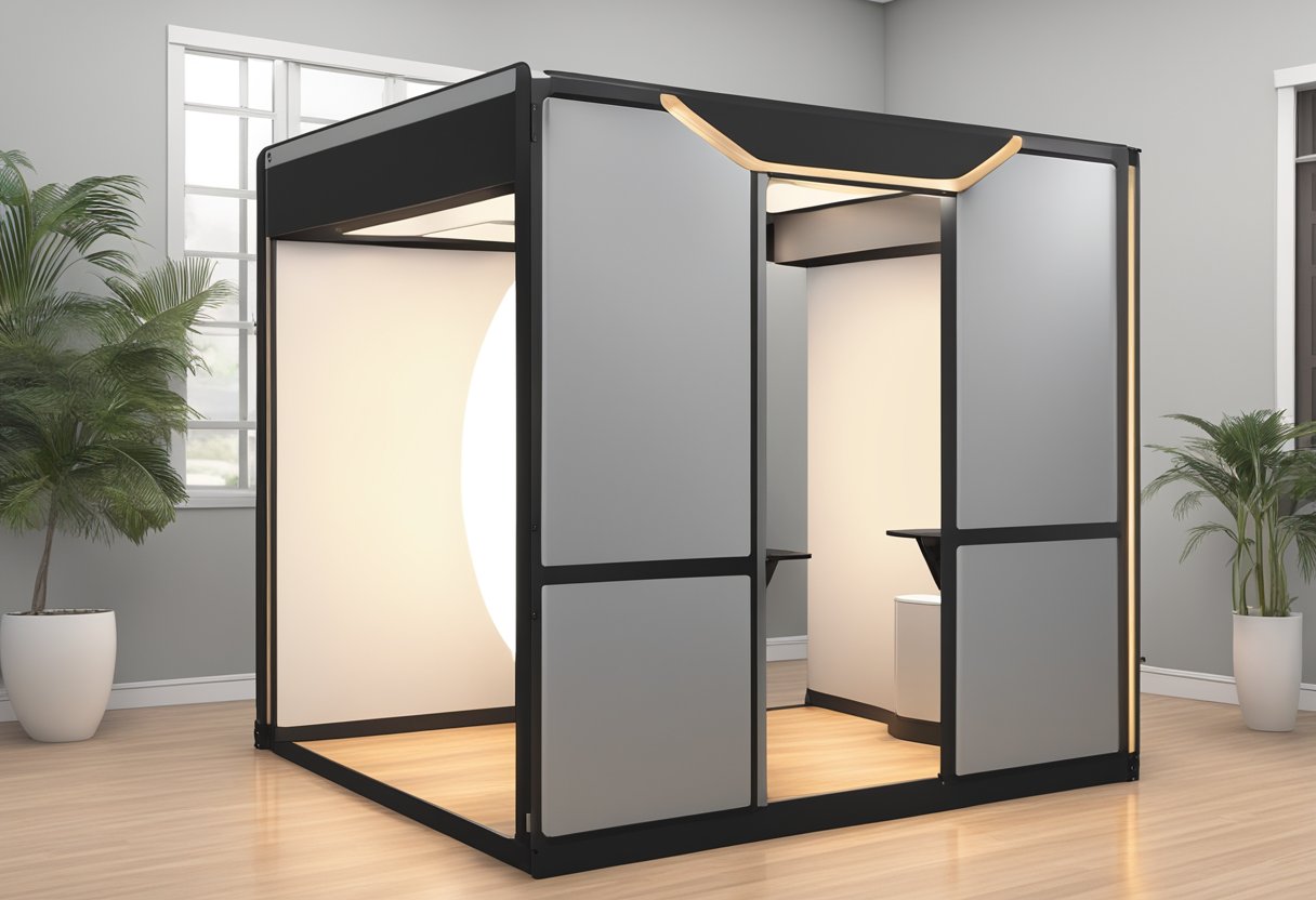 A well-lit ID photo booth with a digital screen, adjustable seat, and camera. Clear instructions and a variety of background options available