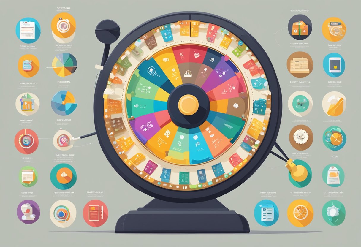 A spinning wheel with "Eligibility and Registration" displayed, surrounded by 100 free spin icons