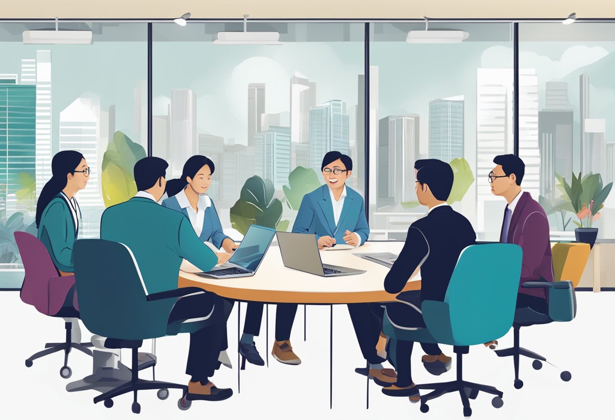 A group of professionals discussing and exchanging information at the Singapore Institute of Directors, with the logo prominently displayed