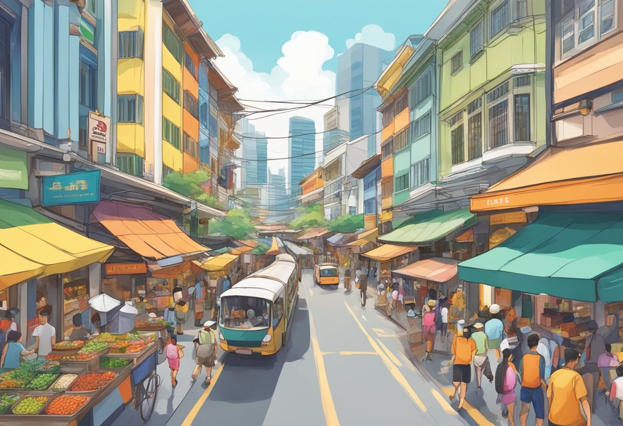A bustling street in Singapore, filled with colorful buildings, bustling markets, and bustling with people and activity
