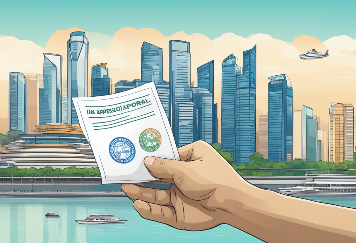 A hand holding a document with "In-Principle Approval" stamp, Singapore skyline in background