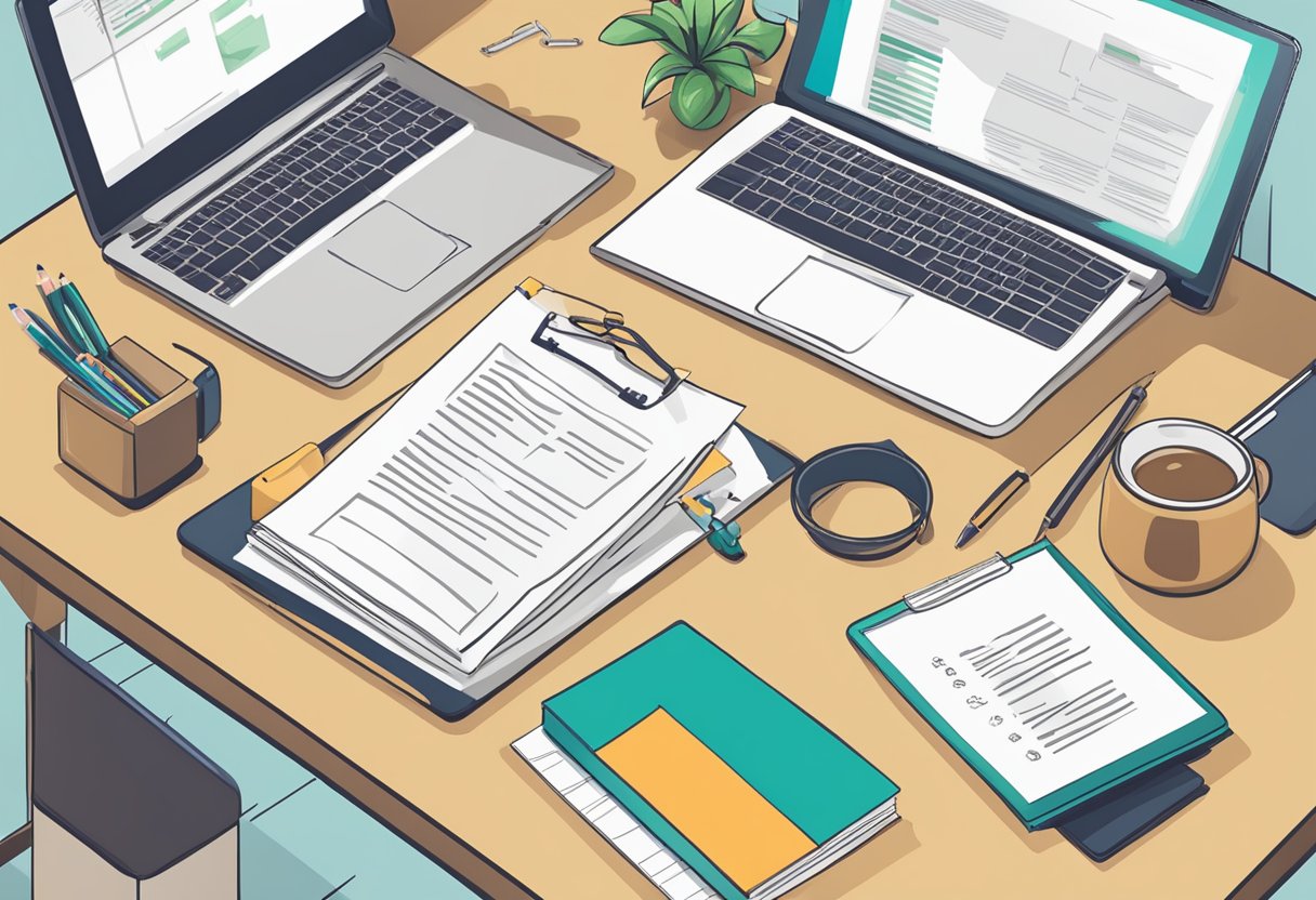 A table with documents, a computer, and a person's hand holding a pen, surrounded by office supplies and a sign saying "Procedure and Requirements for IPA ipa singapore."