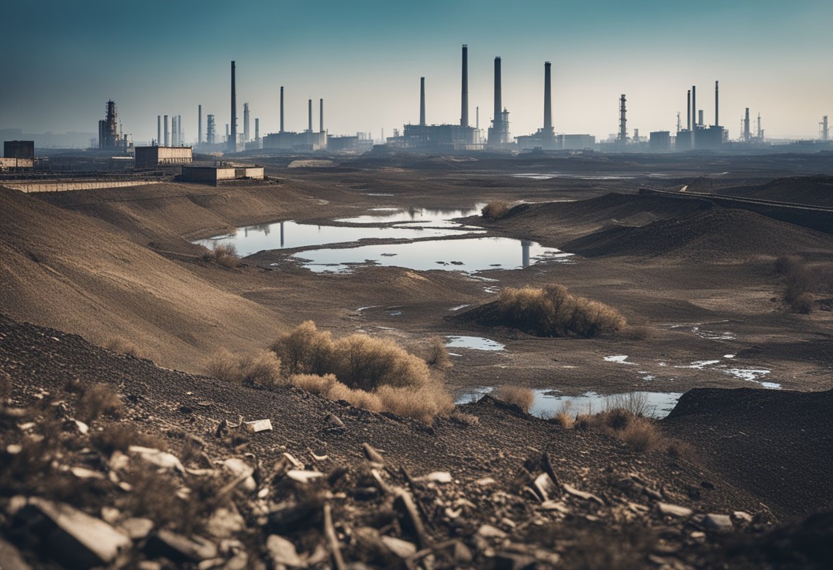 A barren landscape with polluted water and dead vegetation, surrounded by industrial infrastructure and waste
