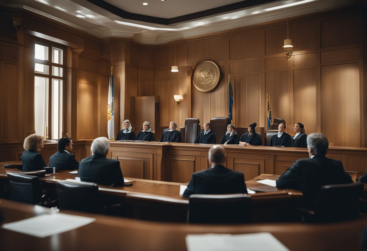 A courtroom with judges, lawyers, and a defendant discussing environmental damage compensation