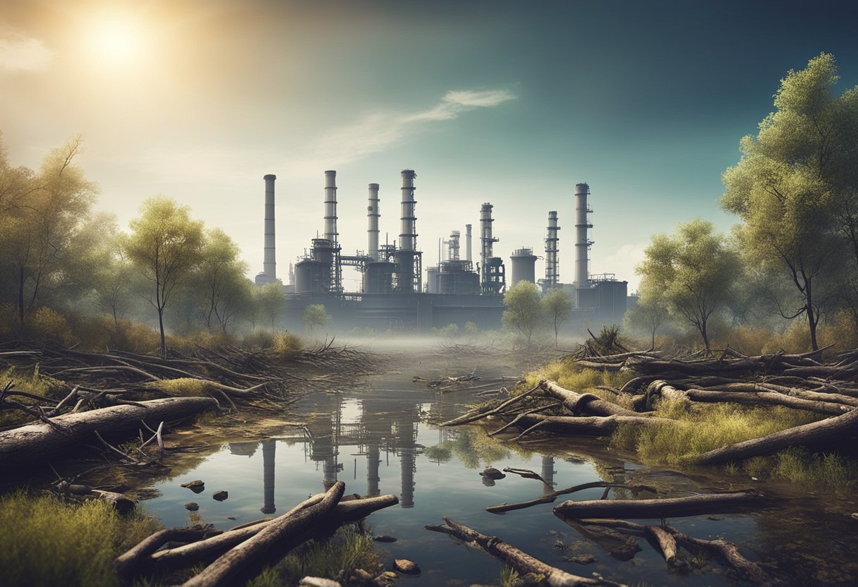 The illustration depicts a polluted landscape with dead trees, contaminated water, and industrial waste. The scene conveys the need for environmental damage compensation