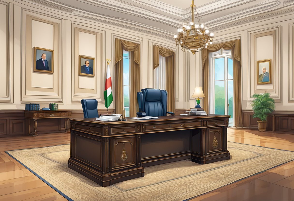 The Prime Minister's office with a desk, chair, and official documents, symbolizing authority and responsibility