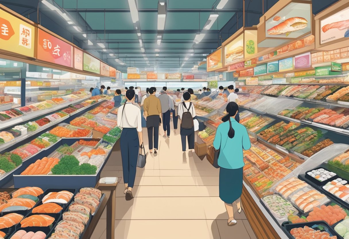 Busy Japanese mart in Singapore with colorful displays of sushi, bento boxes, and fresh seafood. Customers browse aisles filled with snacks and tea