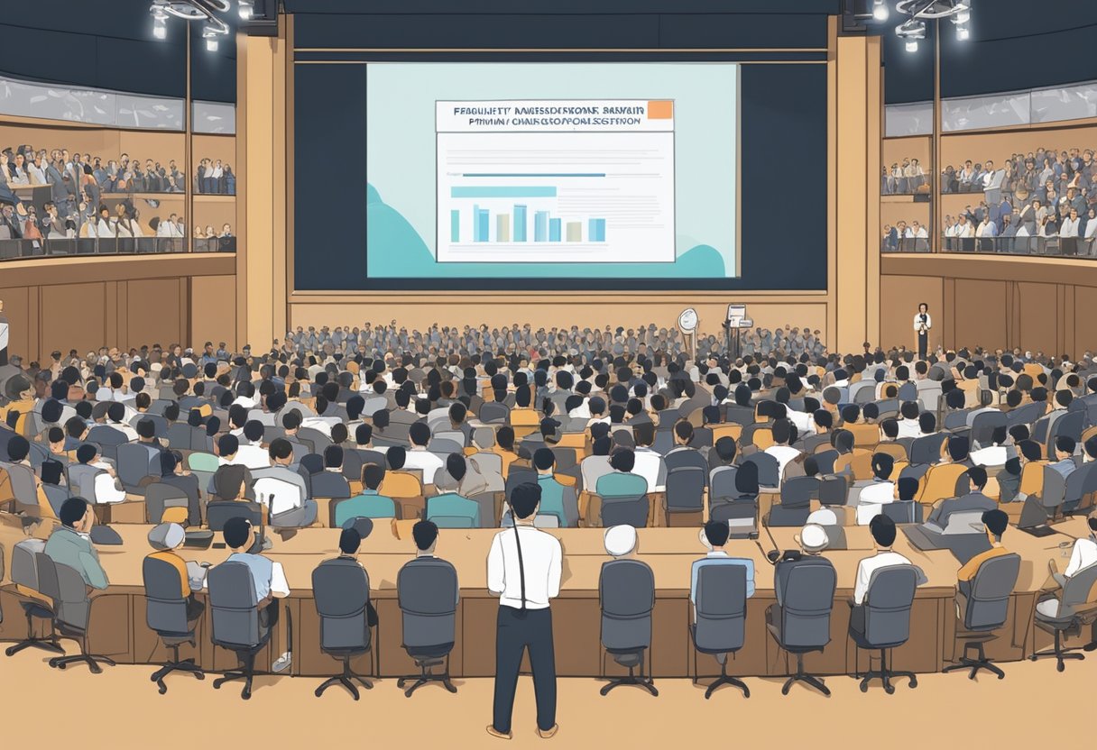 A podium with a microphone, a large audience, and a screen displaying the words "Frequently Asked Questions: Singapore Prime Minister Salary."