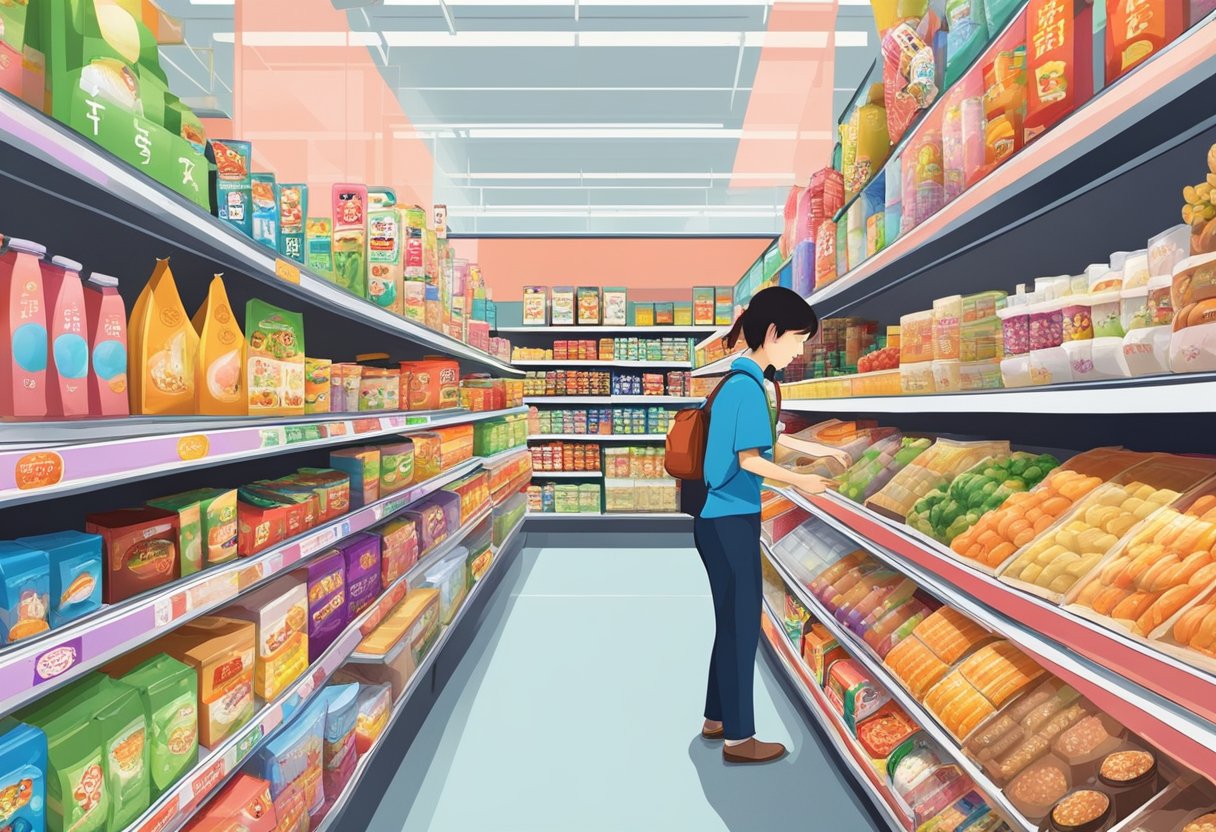 Customers browsing shelves of Japanese products in a Singaporean mart. Brightly lit aisles filled with colorful packaging and traditional Japanese snacks and ingredients