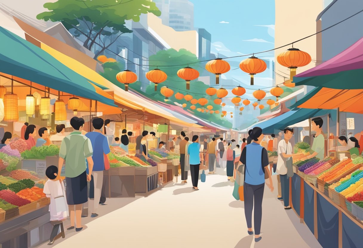 Vibrant Japanese market in Singapore, with colorful stalls, traditional lanterns, and bustling crowds. Cultural events and performances add to the lively atmosphere