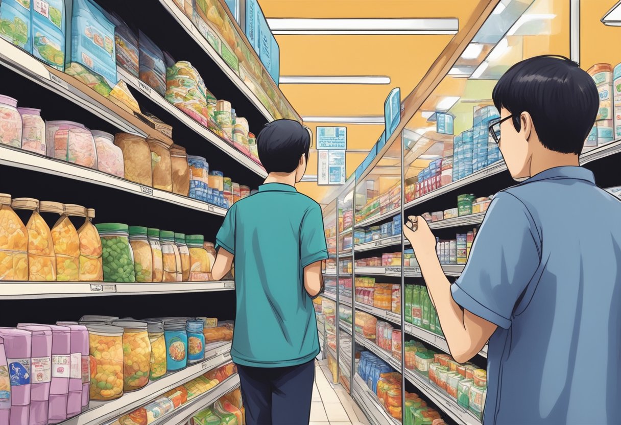 People browsing shelves, reading labels, and asking staff for help at a Japanese mart in Singapore