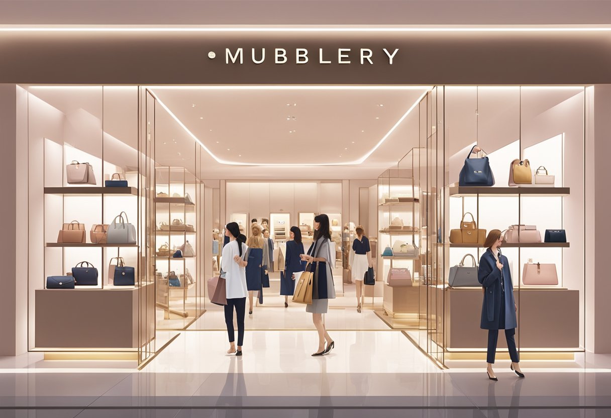 Shoppers browsing mulberry products in a chic Singapore store. Bright lighting and sleek displays create a luxurious atmosphere