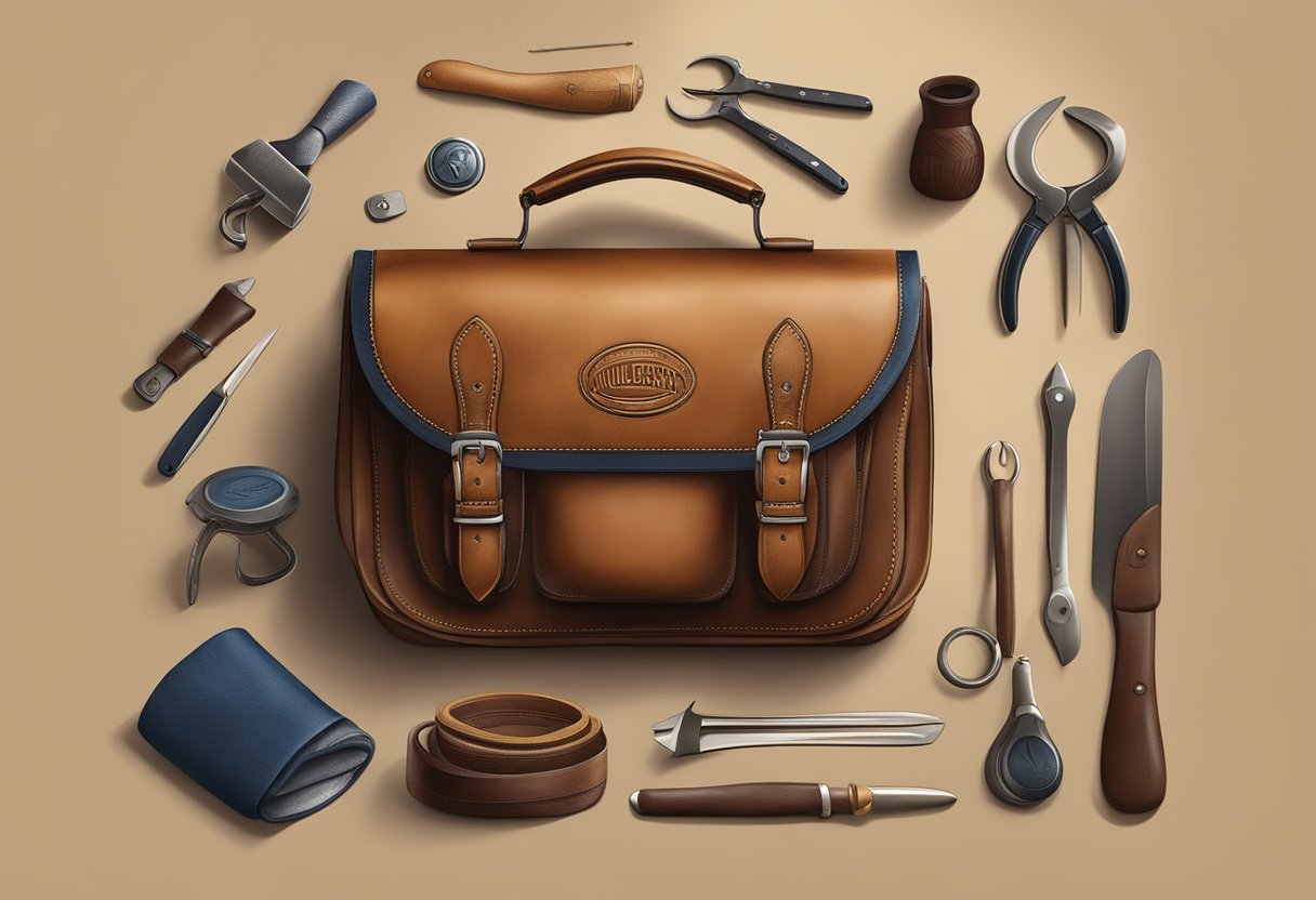 A craftsman meticulously carves a Mulberry logo into a leather bag, surrounded by tools and materials
