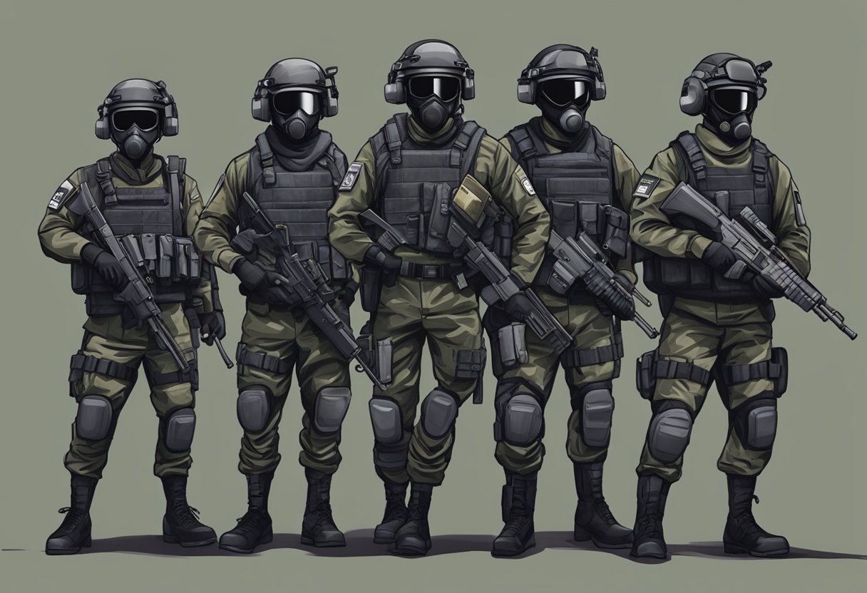 A group of Singapore special forces in full gear, standing in a tactical formation with weapons at the ready