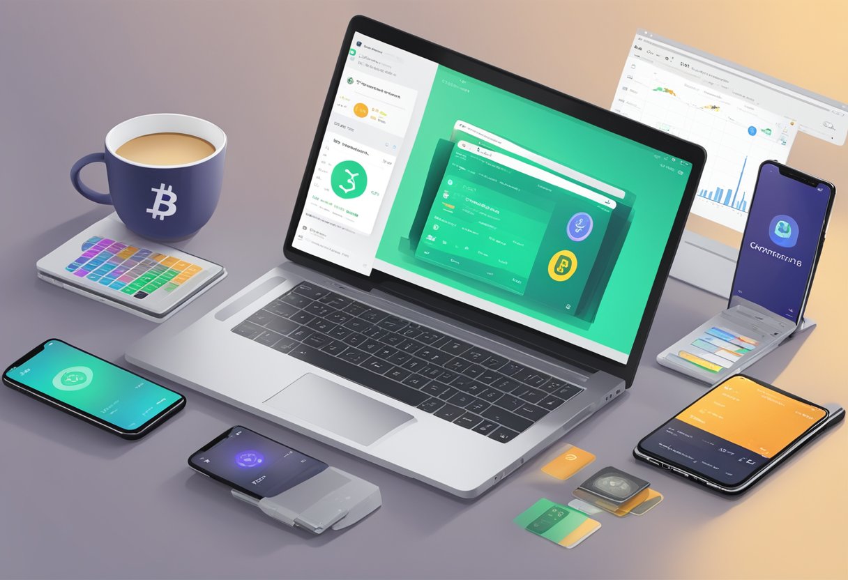 A desk with a laptop open to a cryptocurrency exchange website, a smartphone displaying a Solana wallet app, and a ledger hardware wallet connected to the laptop