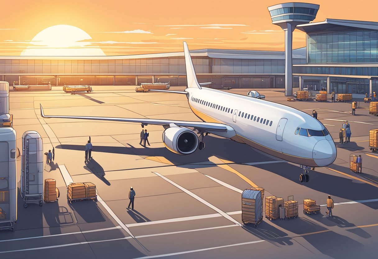 A plane sits on the tarmac, ready for departure. The sun is setting, casting a warm glow over the airport. Luggage carts and staff bustle around the aircraft, preparing it for the journey