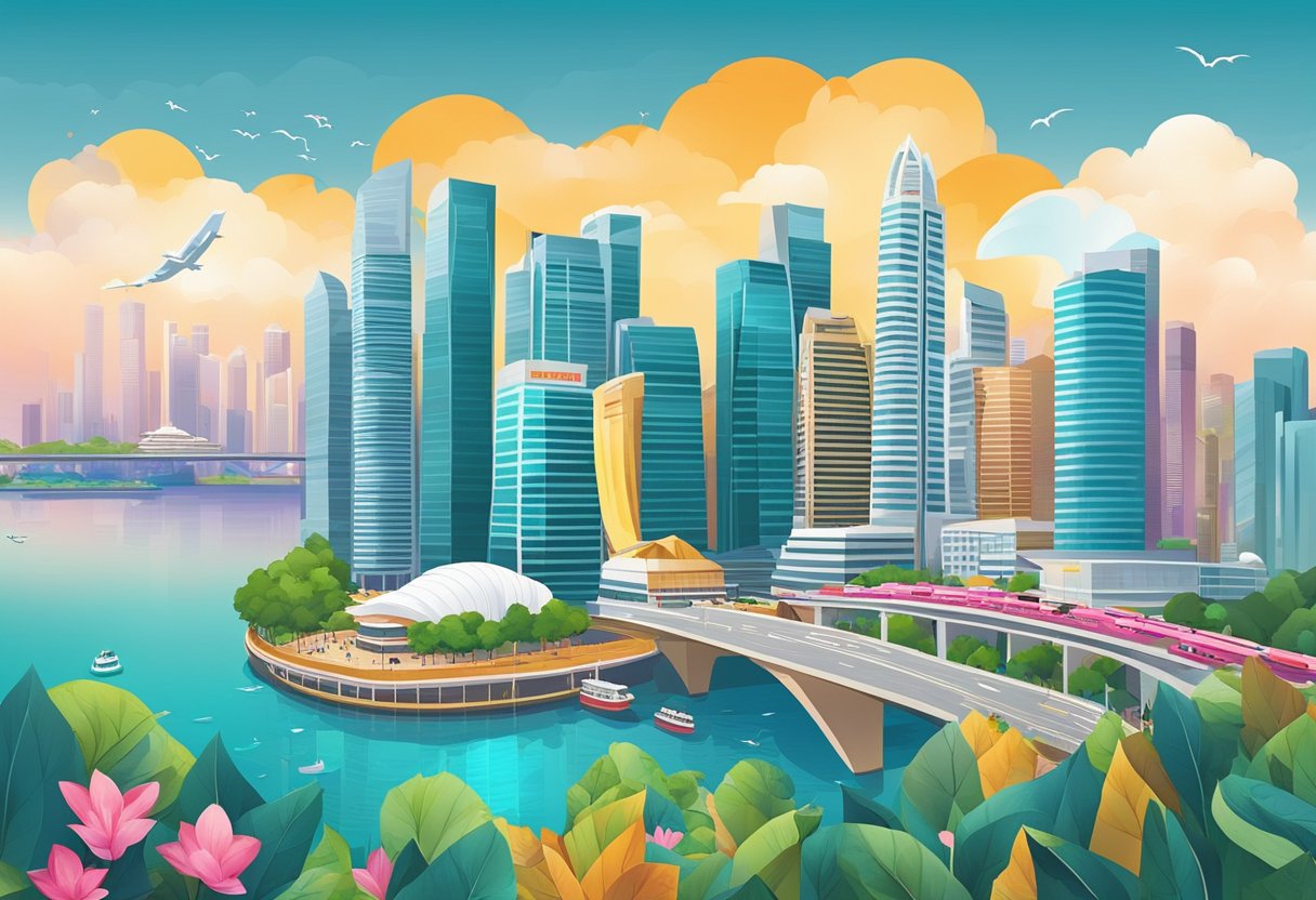 A vibrant cityscape of Singapore's skyline with iconic landmarks and bustling streets
