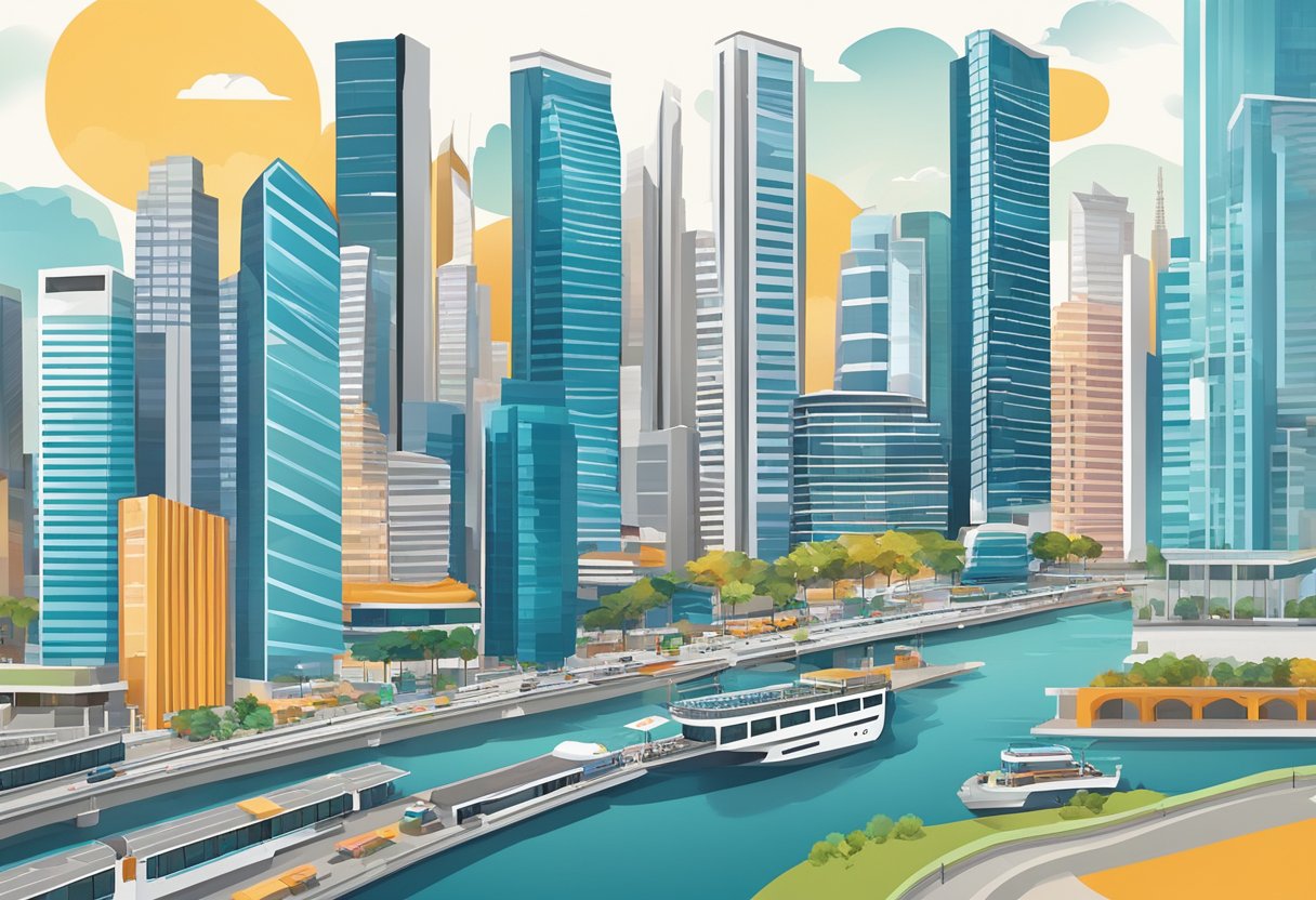 A bustling cityscape with iconic Singaporean landmarks, bustling ports, and modern skyscrapers, showcasing SBF's integral role in the dynamic business landscape