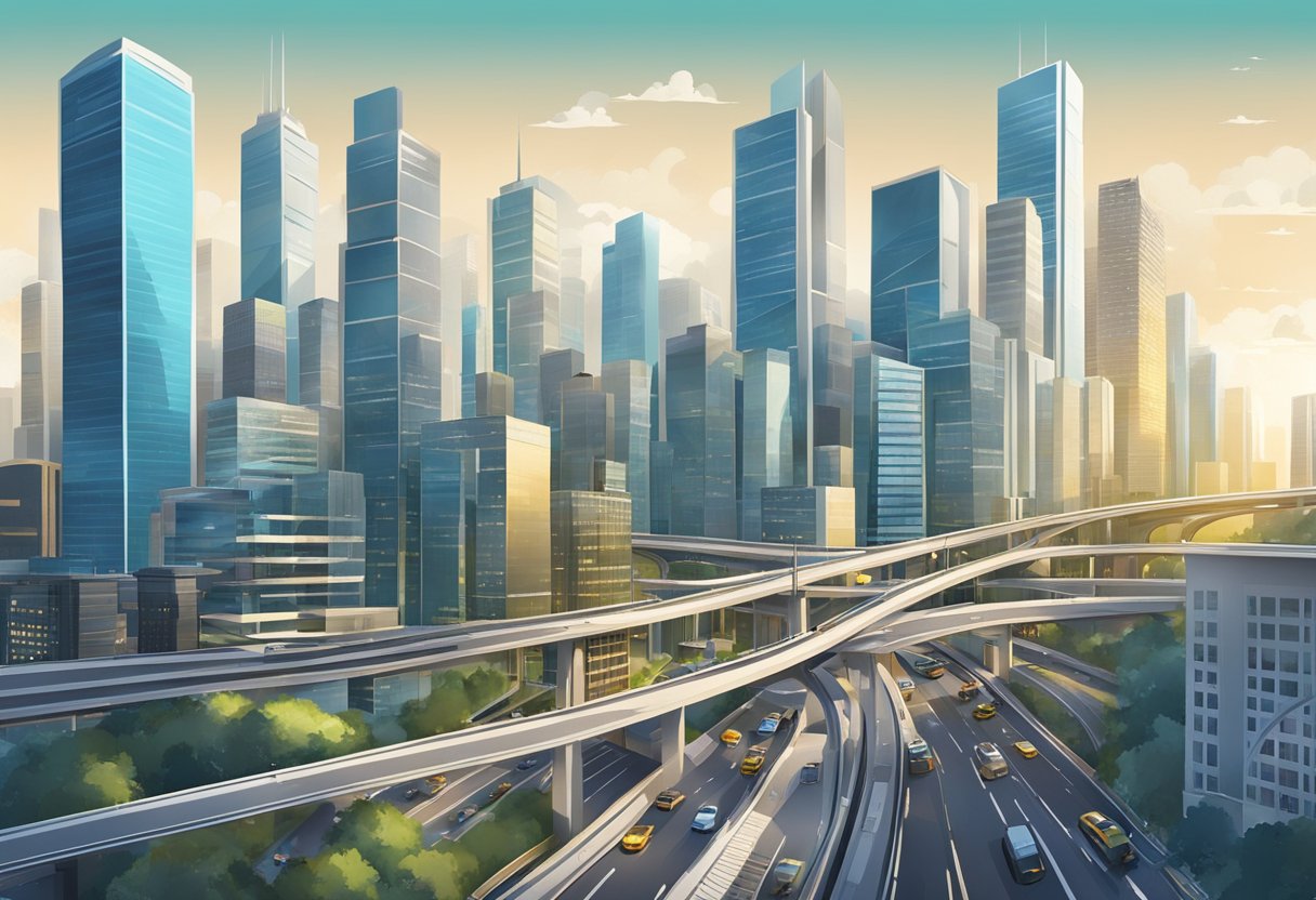 A bustling city skyline with modern skyscrapers and a network of roads and bridges connecting different parts of the city