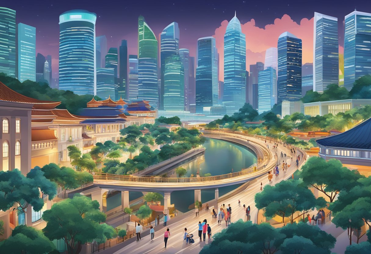 A bustling cityscape with iconic landmarks, modern skyscrapers, lush greenery, and vibrant street scenes capturing the energy and diversity of Singapore