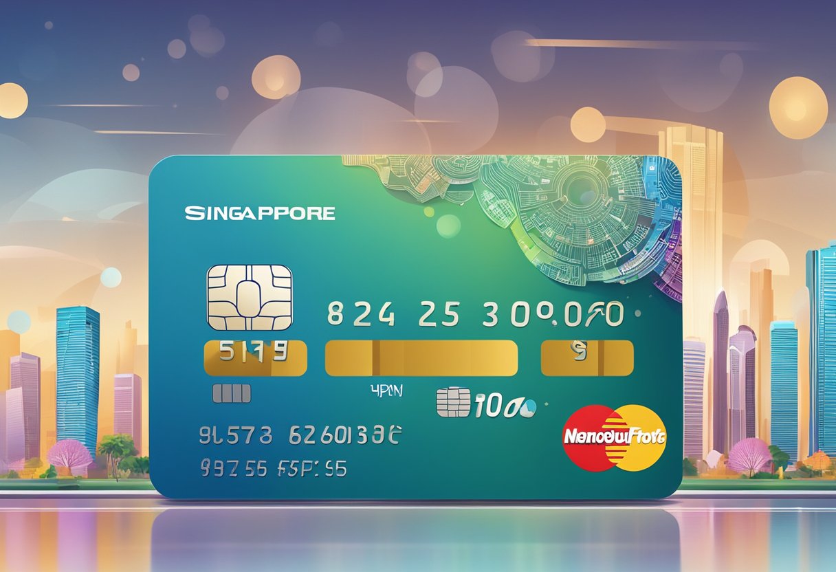 A credit card with the Singapore skyline in the background, surrounded by promotional offers and discounts