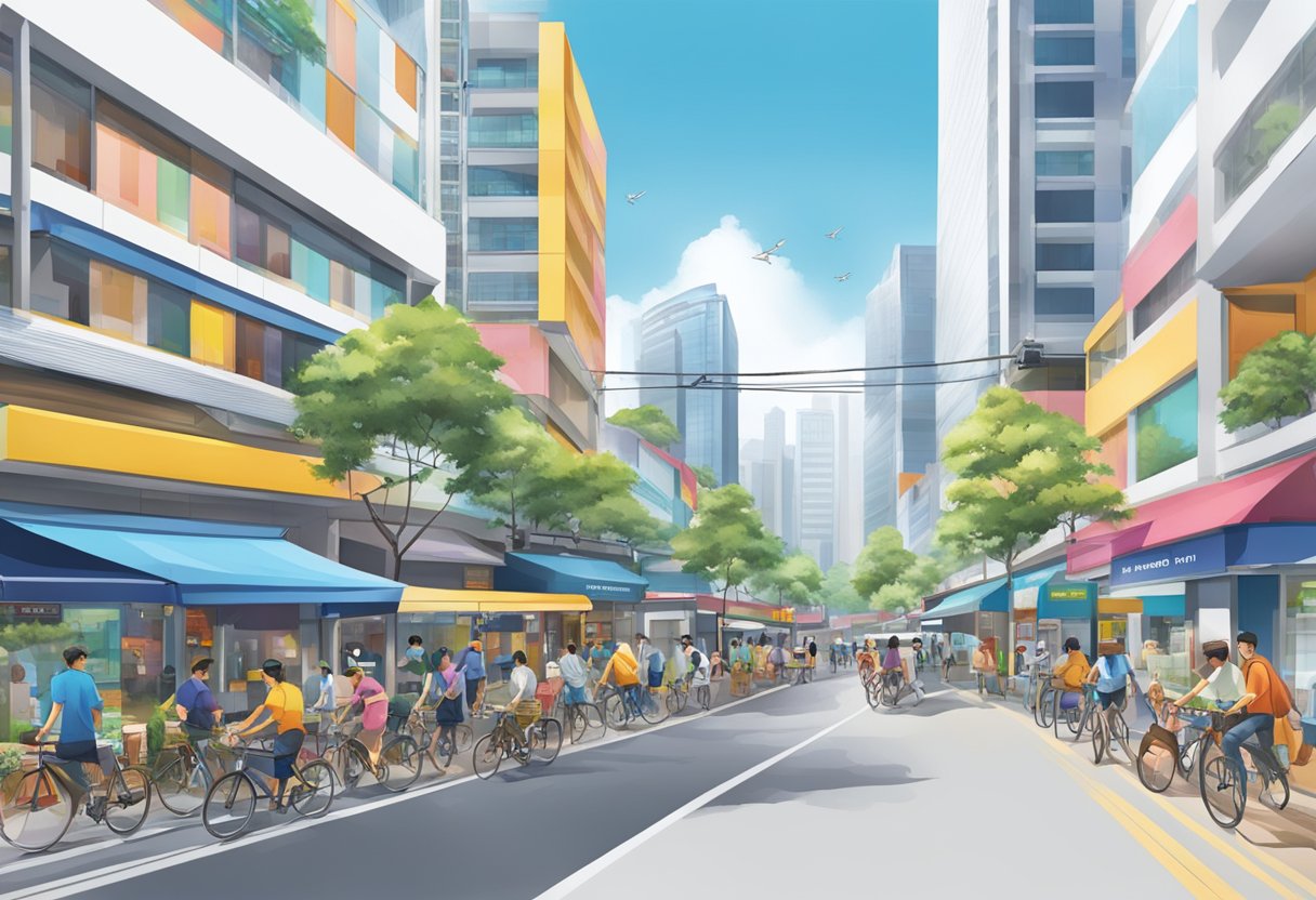 The bustling streets of Shimano Singapore, with colorful storefronts and busy commuters