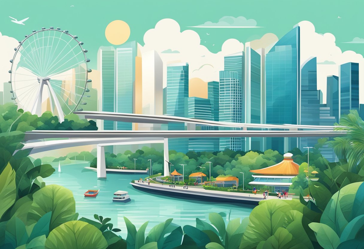 A bustling cityscape with iconic landmarks like the Marina Bay Sands and the Singapore Flyer, surrounded by lush greenery and modern architecture