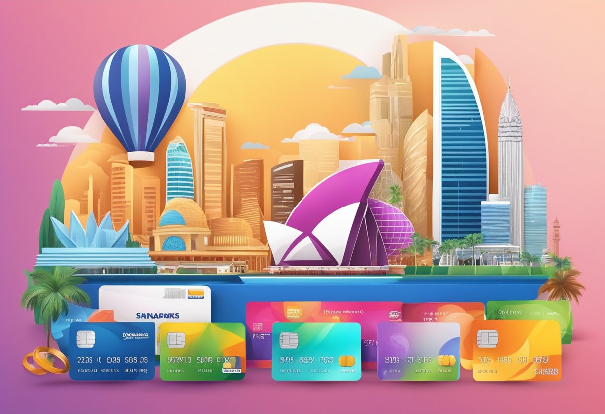 A colorful display of credit card offers with enticing promotions and benefits, set against the backdrop of iconic Singapore landmarks