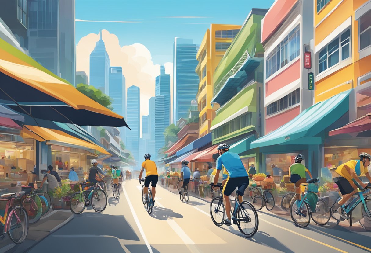 A cyclist rides through the bustling streets of Shimano Singapore, passing by colorful storefronts and busy markets, with the iconic skyline in the background