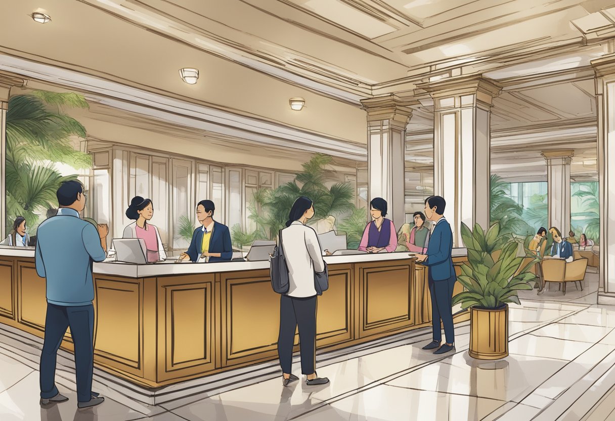 A bustling hotel lobby in Singapore, with guests checking in at the front desk and staff assisting with inquiries at a prominently displayed "Frequently Asked Questions" board