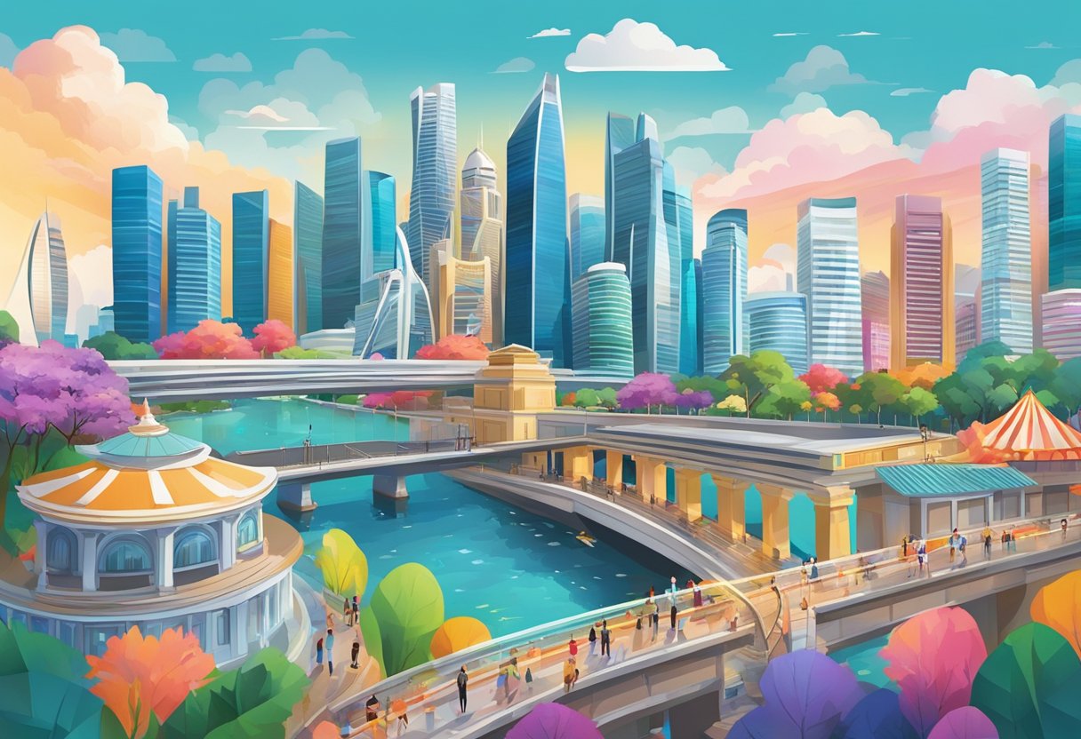 A bustling cityscape with iconic Singapore landmarks in the background, surrounded by vibrant colors and a sense of energy and movement