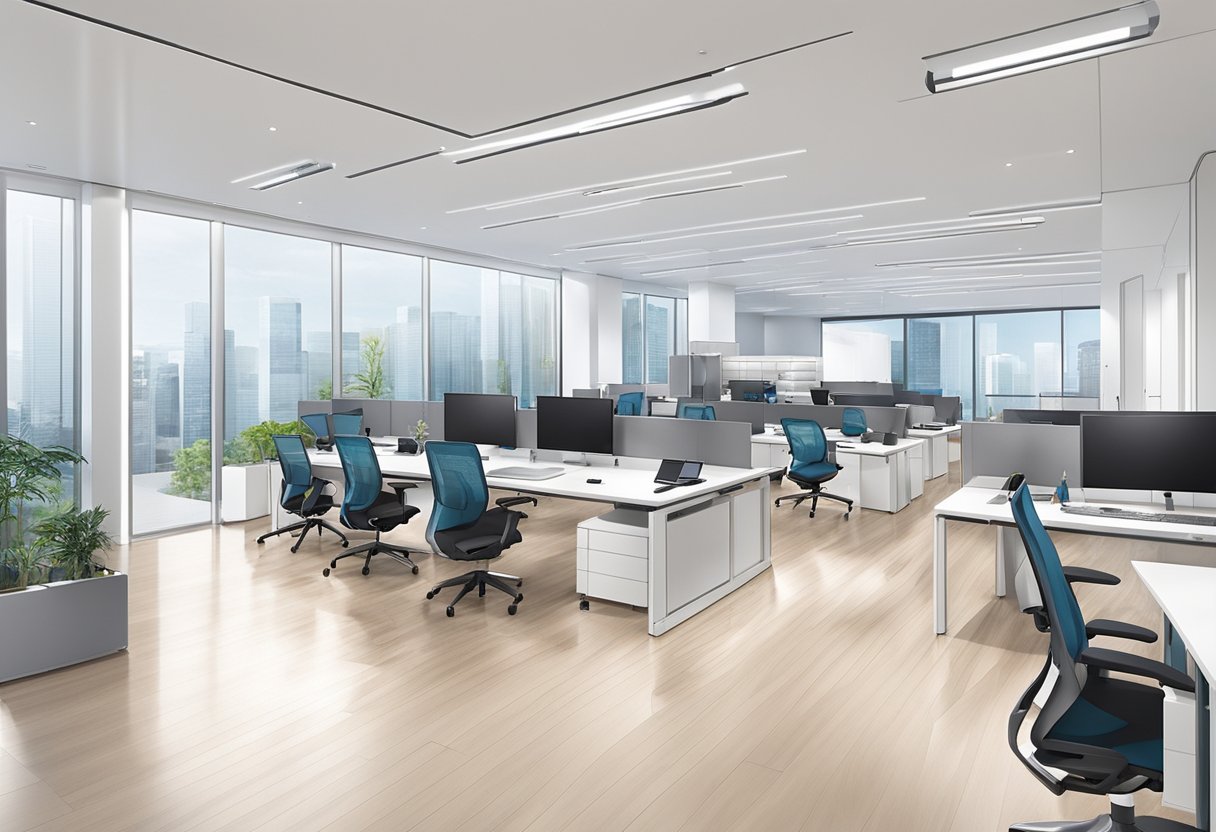 A sleek and modern office space, with employees collaborating on cutting-edge technology and prototypes. The room is filled with the latest equipment and tools, showcasing the innovative spirit of Shimano Singapore