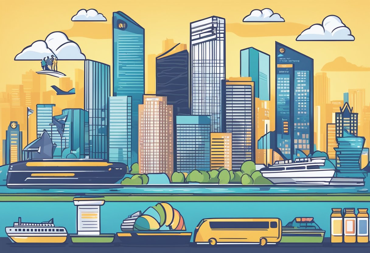 A credit card surrounded by various promotional offers and discounts, with the Singapore skyline in the background
