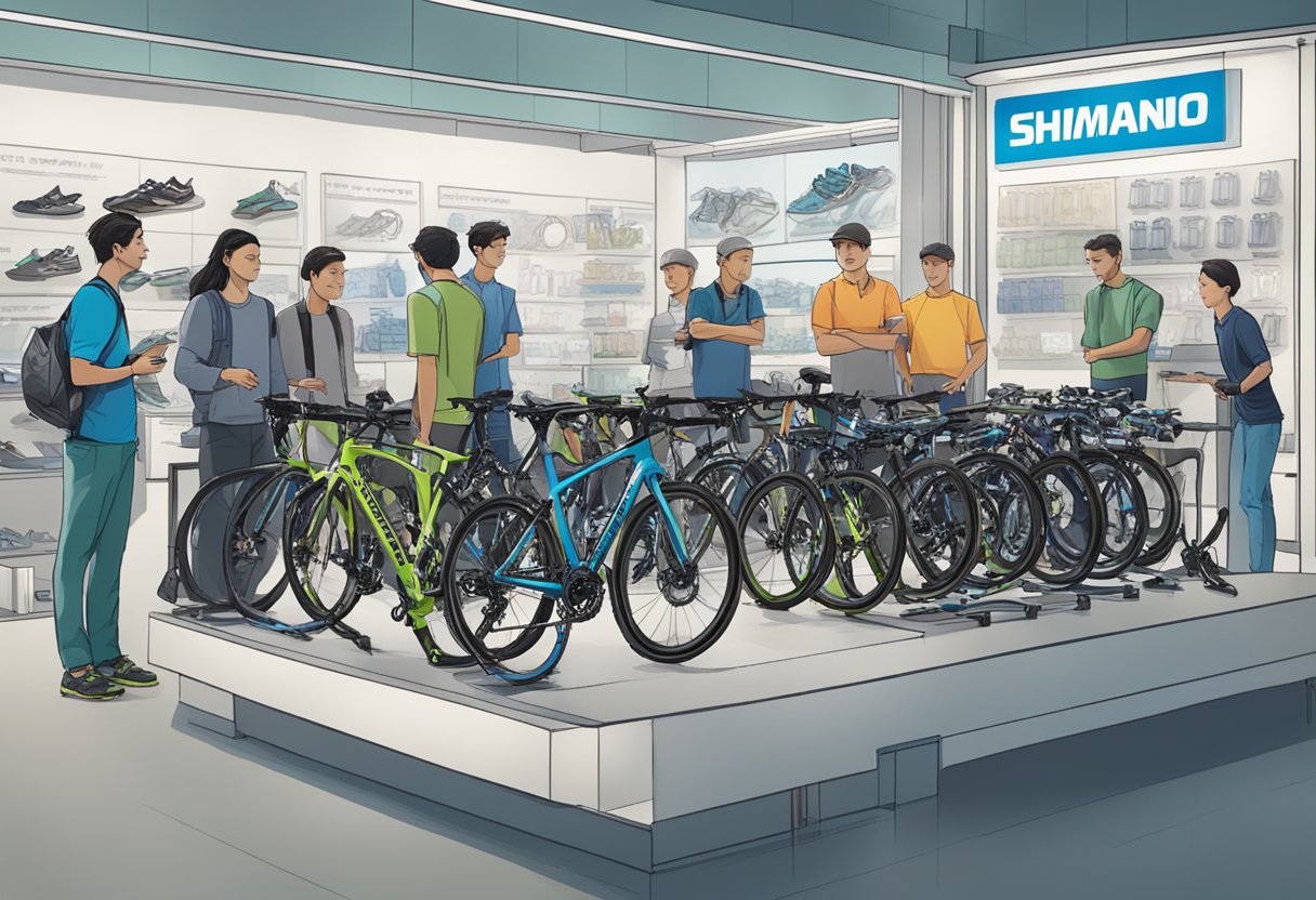 A group of people gathered around a display of Shimano products, with a sign reading "Frequently Asked Questions" in the foreground